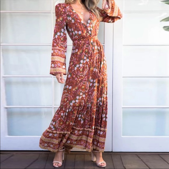 Long Sleeve Boho Floral Gypsy Print Maxi Dress - Picture 2 of 13
